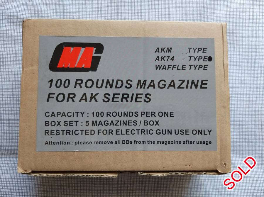 6X MAG airsoft AK74 100 round midcap magazines, SIX used, good condition MAG brand airsoft 100 round midcap magazines. Appropriate for AK-74 style AEGs. Dark plum to black in colour.

Buyer pays for courier or PostNet. Items will only ship after EFT payment has cleared.