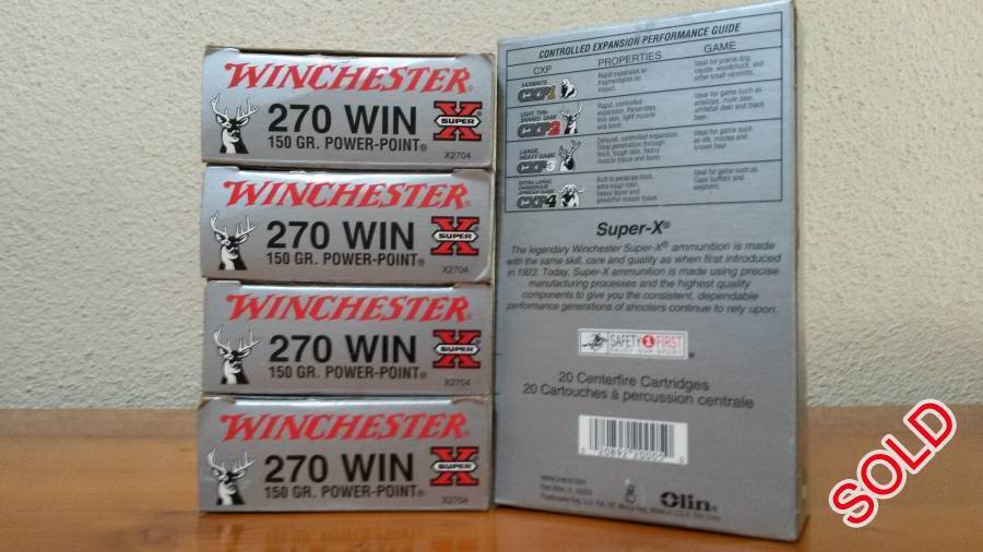 Mr, 270 Win. Winchester Super X Power Point 150gr. 5 boxes (100 cartridges) @ R250.00 each (new in boxes).
Take all for R1 000.00. SOLD SOLD SOLD