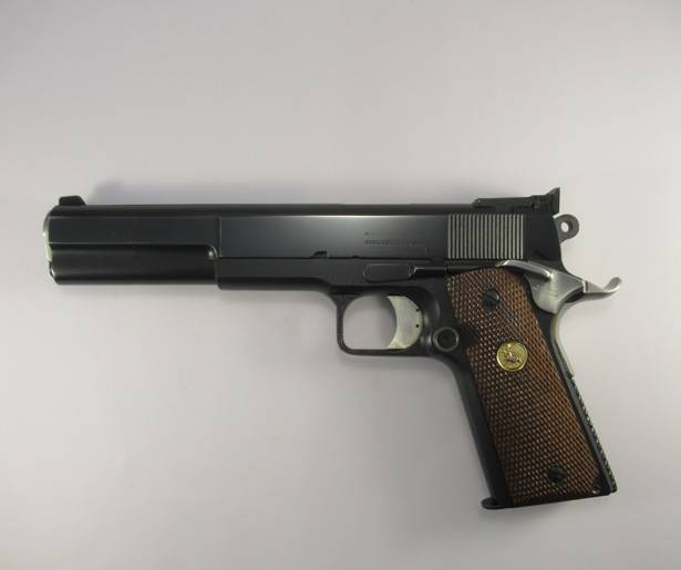 COLT .45 ACP LONG SLIDE 6″ BARSTO MATCH BARREL, An exceptionally rare pistol from the “Golden Era” of South Africa pistolsmithing. Customised by the formidable duo of Paul Liebenberg (formerly of Pachmayr Gun Works and Smith & Wesson Performance Centre), now the owner of pistol Dynamics 2 & Claude Salassa (Briley MFG PD). The pinnacle of custom Colt .45 ACP’s.

Long slide(flattened and ruled); ramped and ported, 6″ Barsto barrel, Swenson ambidextrous safety, Bo-Mar adjustable sights, Commander-type hammer, beavertail grip safety, extended magazine release, squared and checkered trigger guard, custom adjustable match trigger, competition recoil spring and recoil spring guide as well as original Colt wooden grips.
