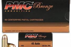 PMC Bronze 45 ACP AUTO Ammo 230 Grain Full Metal J, PMC BRONZE 45 ACP AUTO AMMO 230 GRAIN FULL METAL JACKET - 45A

PMC Bronze 45 ACP Auto Ammo 230 Grain Full Metal Jacket for sale online at cheap discount prices with free shipping on bulk ammo available including this PMC 45 ACP ammunition only at our online store TargetSportsUSA.com. Target Sports USA has the entire line of PMC Bronze ammo for sale online with free shipping on bulk ammo including this PMC Broze 45 ACP Auto Ammo 230 Grain Full Metal Jacket. 

PMC Bronze 45 ACP Auto Ammo 230 Grain Full Metal Jacket review offers the following information; No other ammunition manufacturer can assure greater uniformity and reliability than PMC! This PMC Bronze 45 ammo is loaded with a 230 grain Full Metal Jacket bullet. A precisely engineered copper jacket and swagged lead core provide the necessary concentricity and balance for optimum accuracy. The Bronze line from PMC is meant to be the perfect ammo for training and practice purposes, allowing you to improve your skills without worrying about your ammo. This ammo offers a muzzle velocity of 860 feet per second and a muzzle energy of 352 ft lbs. PMC Bronze 45 ammo is non-corrosive, new production ammunition in boxer primer and brass cases. This PMC ammo is reloadable for those high volume shooters who love to reload their 45 ACP Auto ammo. PMC 45 ammo is packaged in boxes of 50 rounds or cases of 1000 rounds. Free shipping is available on bulk orders of this PMC Bronze ammo from Target Sports USA. 

PMC (Precision Made Cartridges) Ammunition is a division of Poongsan Corporation that produces carefully crafted ammo with brass and other components manufactured in house, eliminating the need for dependence on outside suppliers. This translates to reliable quality control and top quality ammo that is always compliant with either SAAMI or US Military Specification standards. Between the quality assurance and the great value, PMC ammo can be depended on with each round. 