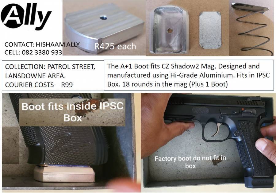 CZ Shadow2 Mag (Plus1 Boot), The A+1 Boot fits CZ Shadow2 Mag.
Designed and manufactured using Hi-Grade Aluminium.
Fits in IPSC Box.
18 rounds in the mag (Plus 1 Boot)
