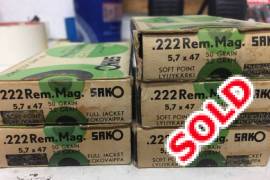 222 Rem mag, I have 3 boxes of soft point 50grain and 2 boxes of full jacket 50grain. Selling as one batch for R 2000.00
Please be aware these are 222 REM mag 