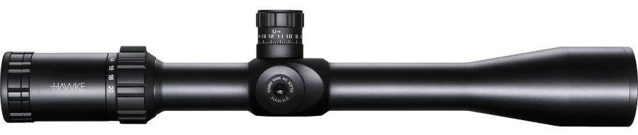 Hawke Sidewinder 6.5-20x42 Riflescope (20x Ω Mil D, - 6.5-20x zoom range
- 42mm objective lens
- 18-layer anti-reflection fully multi-coated optics improve contrast, color rendition, and overall image brightness
- 16.8-5.5' field of view at 100 yards
- Duplex crosshair-style
- Thick hollow outer posts
- Thin center hairs with mil dots and stadia markers
- 0.5 mil (1.72 MOA) spacing between dot and dash indicators
- Markers can be used for hold-over/under, range estimation, target size estimation
- Reticle sub-tension set at 20x
- Knurled Posi-Grip adjustment collar
- Five selectable brightness levels
- Choose between red and green colors