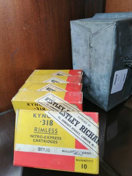 WESTLEY RICHARDS .318 RIMLESS, We have 5 packets availible of this very scares ammo still sealed comes with original metal container at R1650 per packet of 10.