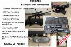 FX Impact with accessories, FX Impact, Black with Fixed Shroud 700mm
MTC Viper Pro 5-30x50
Side-Shot Scope Mount
TAGN 6.8 CF cylinder
Charging Kit with 1m ultima aa microbore line
Atlas Type Bipod 6-9