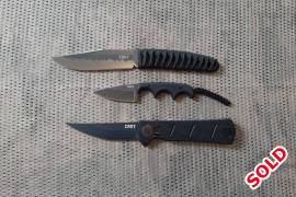 3 x CRKT knives , 1 x CRKT Nishi 2290, 1 x Minimalist 2384K, Goken 2920 all brand new in original boxes. Retail value R3300. Asking R1800 for all 3 knives including postage. Tinus 0820762584