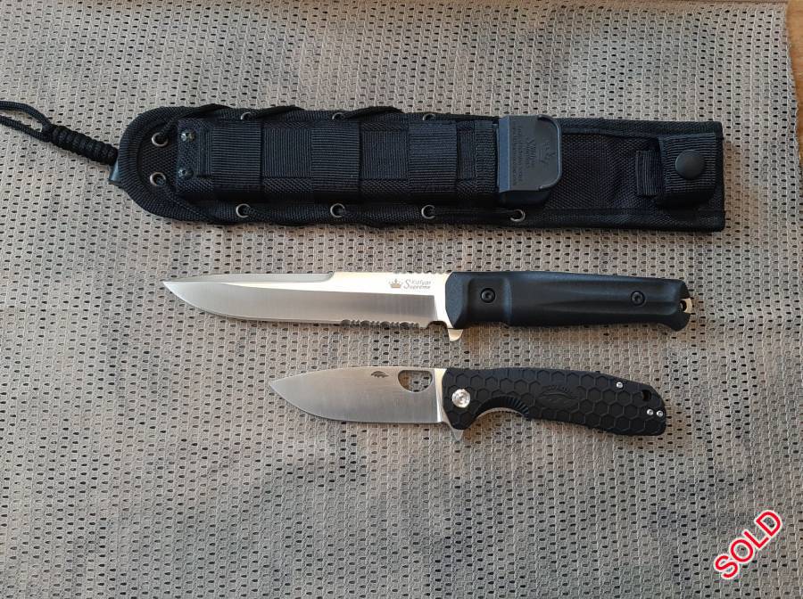 2 x Tac knives combo, 1 x Kizlyar Supreme Alpha AUS-8 steel full tang blade made in Russia. 1 x Honey Badger Large Flipper D2 steel blade. Both brand new in boxes. Retail value R2850. Asking R1600 including postage. Tinus 0820762584