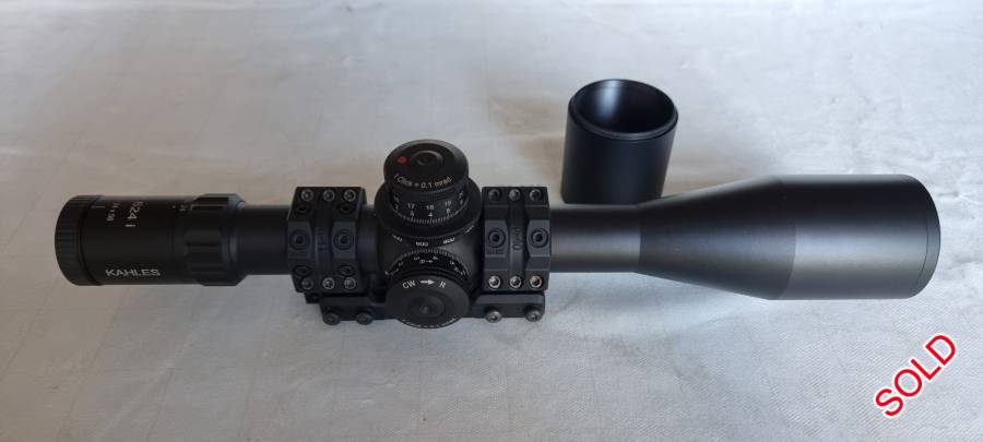Kahles K624i Gen2 CW, Kahles K624i tactical rifle scope. Scope in excellent condition.
Reason for selling - upgrading to Zero Compromise 5-27 

Large Field of View
Very forgiving eyebox
Illuminated reticle
Mill Rad - 1 click = 1cm @ 100meter (0.1mil)
Mil 4 reticle
34mm tube
56mm objective
FFP scope (first focal plane)
CW (clock wise) turret turn
Double turn turrets, physical second turn indicator
Zero Stop

Scope is in mint condition, you are welcome to come and view if serious.
Extra Sunshade included (valued @ $60)
SPUHR mount not included.
 
