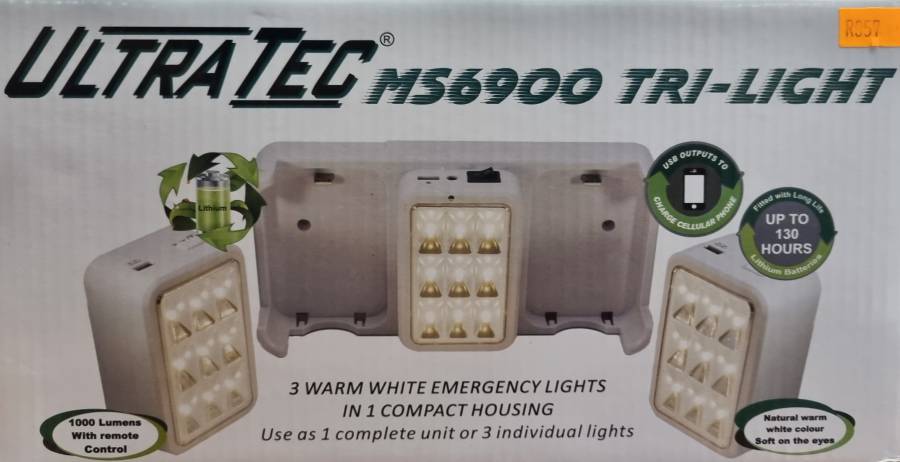 MS6900 Tri-light, - Over 1000 Lumens, or seperate them 340 Lumens seperately.
-  Auto-on in case of a power failue.
- Remote control you can attach elsewhere, dial setting from 10% power up to 100%.
- USB outputs for charging cell or other equipment.
- run time is 130hrs in low mode, 15 hrs at full power.
- Charges full in 8 to 10 hrs.
 