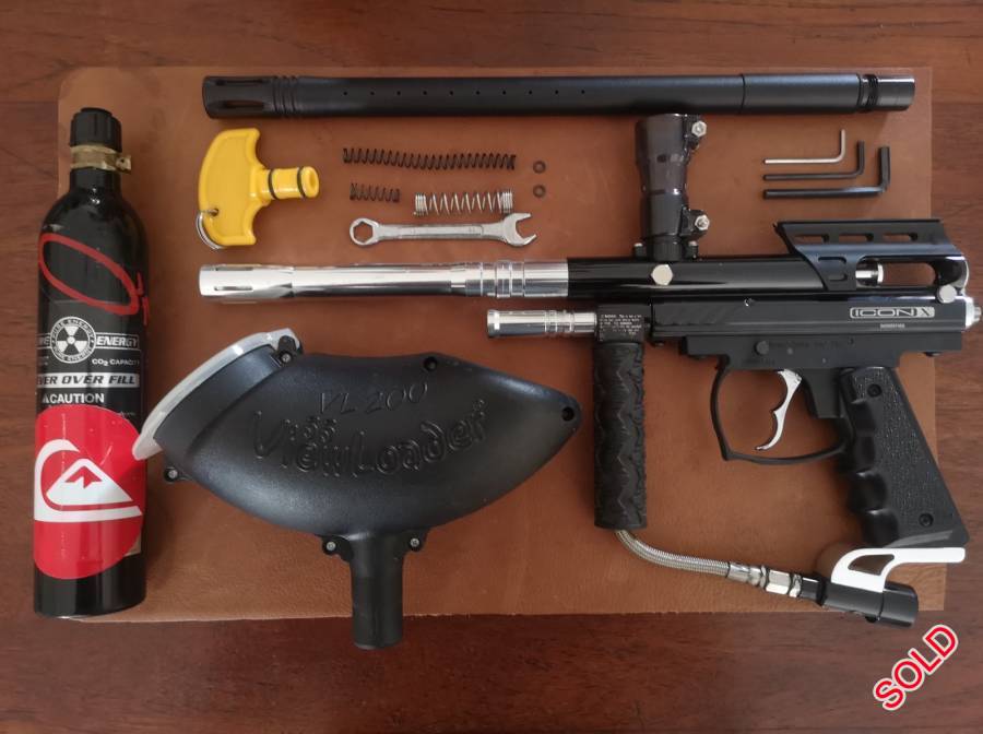 Iconx, Iconx paintball gun with original barrel as well as a MR long barrel with groves (as seen in photo), hopper, barrel plug, 9oz gas and some extra springs and tools. 