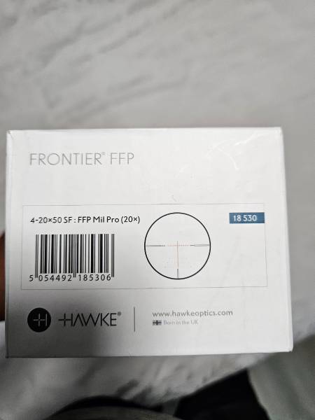 Hawke Frontier FFP Rifle Scope, Hawke Frontier FFP 4-20x50 mrad for sale and been to the range twice. No issues, in mint condition, mounted on a 308. 