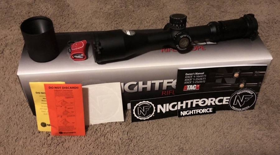 C553 Nightforce ATACR  Riflescope, In the original factory box C553 Nightforce ATACR 5-25x56 riflescope.
Redefining long range, this Nightforce Enhanced ATACR 5-25x56 scope with MOAR reticle features DigIllum, Hi-Speed adjustments with ZeroStop, capped windage adjustment, parallax adjustment, enhanced engraved eyepiece, integrated Power Throw Lever, XtremeSpeed thread, fully multi-coated ER glass for 90% transmission, wide field of view, Tenebraex flip covers, and a rugged construction.