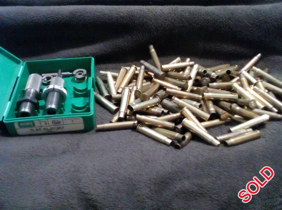 RCBS 303 British FL reloading die set + Brass, RCBS 303 British FL reloading die set complete with no 7 shell holder + trimmer gauge guide rod & locking ring / nut . ( See pics attached ) 
Also included will be 113 assorted PMP & Sako brass cases once fired / reloaded .