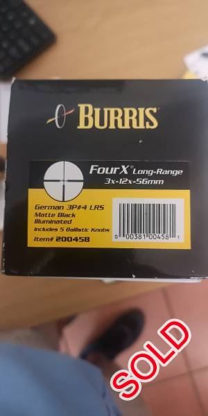 Burris FourX (Long Range) 3x-12x-56mm (30mm), Matt Black. Illuminated. 5 Ballistic Knobs included.
Select the knob for your rifle, dail distance, squeeze trigger.
Mod 200458
Scope never fitted.