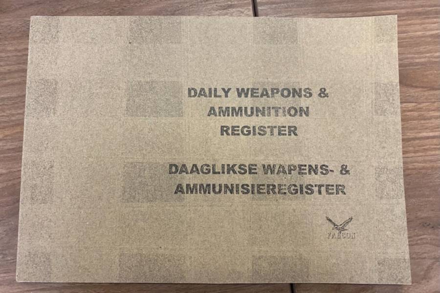 Daily Weapons and Ammunition Register , Daily Weapons and Ammunition Register 

R110 Each 
or
pack of 5 at R400
 