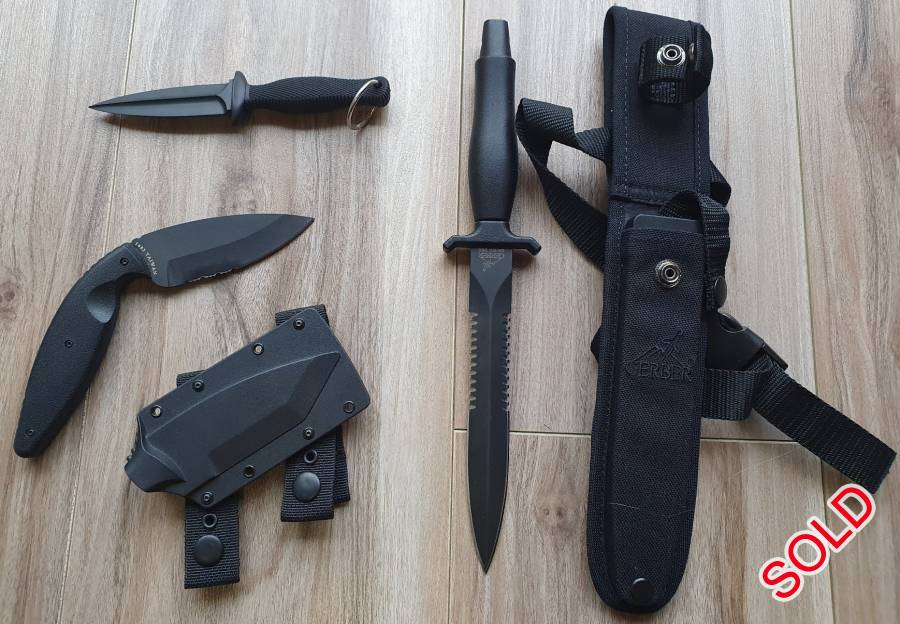 Combat Package, Cold Steel Undetectable FGX Boot Dagger, Kraton Grip, Material Grivory. No Box, Brand New Never Used
R150
Gerber Mark 2 WW2 Trench Dagger, SOLD

KA-Bar Large TDI Law Inforcement, Kydex Sheath with Molle Attachment, Blade Aus 8A, Black Finish, No Box, Brand New, Never used
R1250