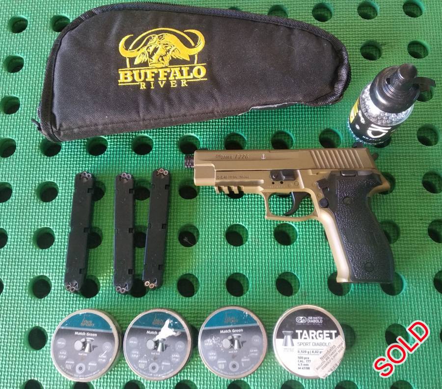 Sig Sauer P226 Blowback CO2 Pistol, Sig Sauer P226 Blowback Air Pistol in brand new condition

Rifled barrel

Comes with 2 extra magazines 16 shots each

Buffalo River case

about 400 B.B's

2 full tins plus 1 nearly empty tin (250) of H&N Match Green pellets and 1 full tin (500) JSB Target pellets.

R2000.00 onco.