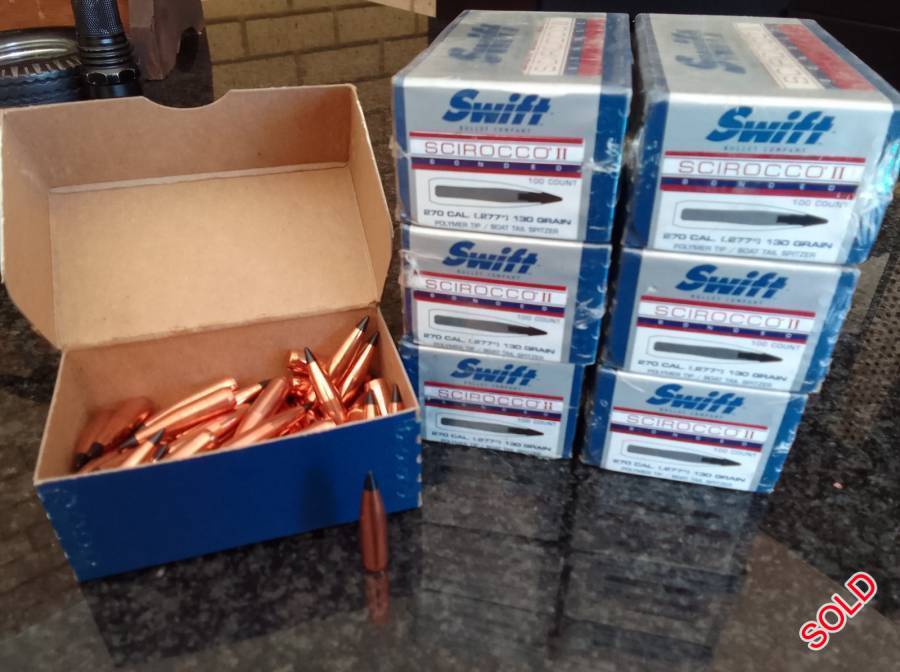 BULLETS, SWIFT Scirocco II .277 (.270) 130gr, Exceptional Premium Bonded Boat-Tail Spitzers, Famous Black Polymer Tip, (BC: .450, SD: .242), Only 6 Boxes of 100 Bullets left @ R1500 each, Batch No: 910W. Please WhatsApp to 0848985727...