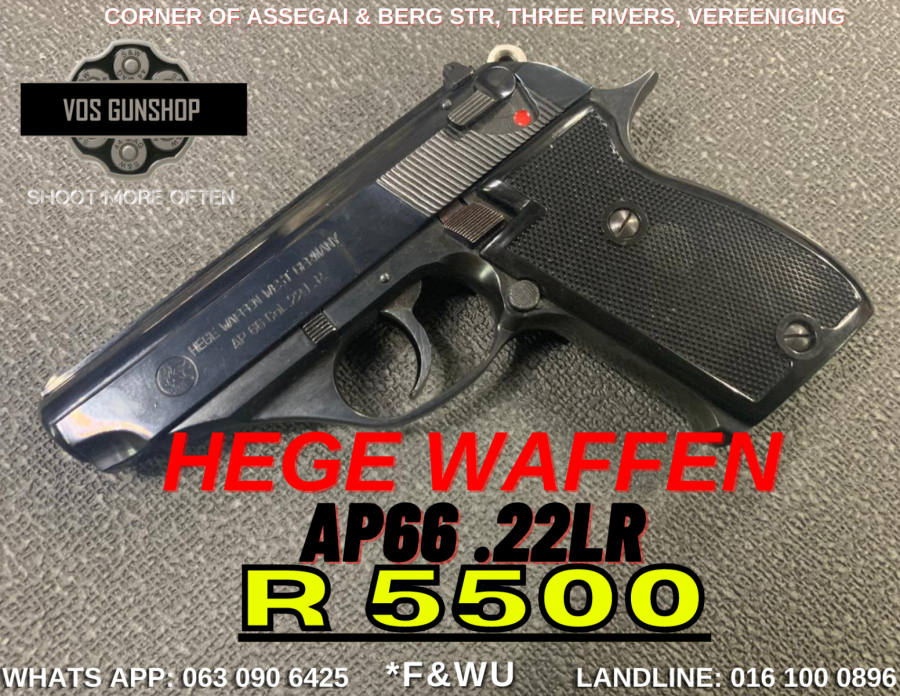 HEGE WAFFEN AP66 .22LR, DON'T MISS OUT ON THIS DEAL. 

LIMITED STOCK!!

FEEL FREE TO CALL, VISIT THE SHOP OR WHATS APP FOR ANY FURTHER ENQUIRIES