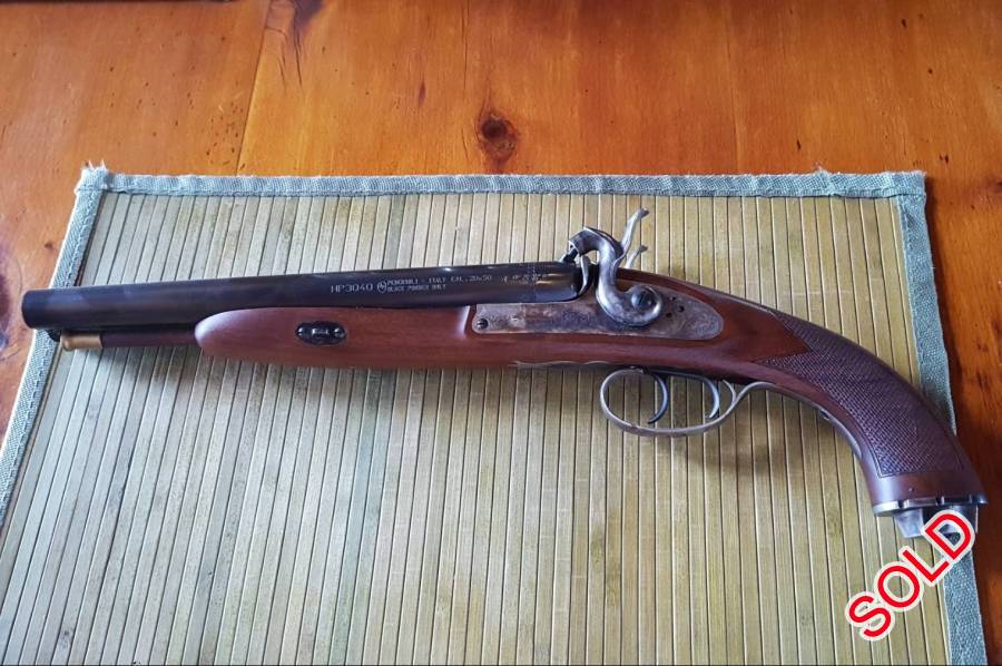PEDERSOLI HOWDAH, Hardly fired.   Double barreled pistol .5/20bore (rifled / shotgun).  Very rare weapon in as new condition.   Comes with some balls and some lead shot in box.   Imported from USA 3 years ago.   Only selling as I am leaving SA.  May consider a close offer!   This is definitely a Black Powder collector's piece.