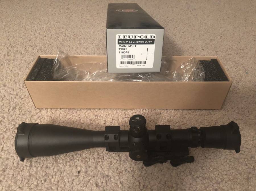 Leupold Mark 4  Rifle Scope, Has been fired, great condition
5x: 5.47 m
25x: 1.5 m
Objective outer diameter: 65 mm
Eyepiece outer diameter: 44 mm
Overall length: 14.3 inches
Weight (ounces/grams): 39 oz/1108g
Mounting length: 6.13 inches
PTL (Power Throw Lever): Standard
Reticle: MOAR-T™ Illuminated
Part Number: C555 - ATACR – 5-25x56mm – Zerostop™ - .25 MOA – DigIllum™ - PTL - MOAR-T™