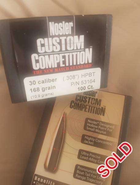 Nosler Custom Competition 168 Grain HPBT, Brand new still in their original sealed box from USA. Have 2 @ 100 units / box. 