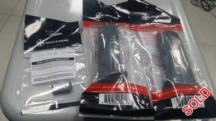 Shield Arms S15 magazine, Shield Arms S15 magazines and mag catch for Glock 43x and Glock 48 now available R1650 ea for the mags and R1200 ea for the mag release. Mag release recommended as the steel of the mag will wear the plastic of the standard mag release