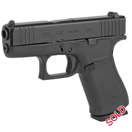 Glock 43x, Chambered in 9mm Luger the G43X features a compact Slimline frame with a black slide with an nDLC finish. The 10-round magazine capacity makes it ideal for concealed carry.

Designed for comfort, The G43X combines a compact-size grip length, a built-in beaver tail and a subcompact-slim slide for a comfortably balanced, versatile grip that´s ideal for a variety of users.

The frame incorporates elements of the Gen5 and Slimline series such as the short trigger distance, a frame with a built-in beavertail, a reversible magazine catch and the incredibly accurate, match-grade GLOCK Marksman Barrel (GMB) and precision-milled front serrations.
