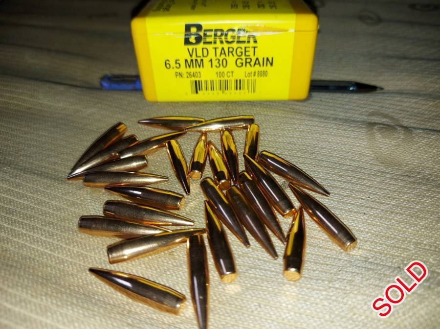 6.5mm, Berger, 130gr VLD target ,bullets, Berger, 130gr VLD Target bullets in 6.5mm calibre. 90 x units available @ R700,00 for the lot