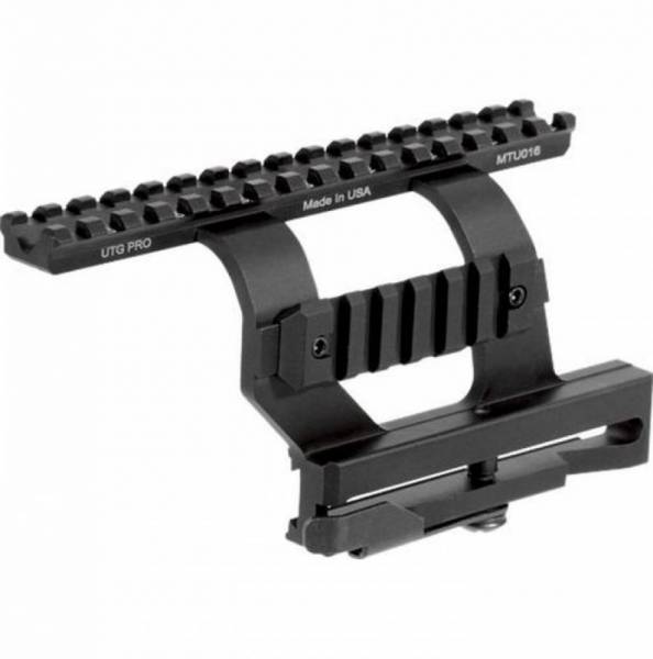 UTG PRO AK47 QUICK DETACH MOUNT, Machined and back anodised Picatinny  rail with detachable side slot rail. Fits most AKs with a Side Optic Rail.
