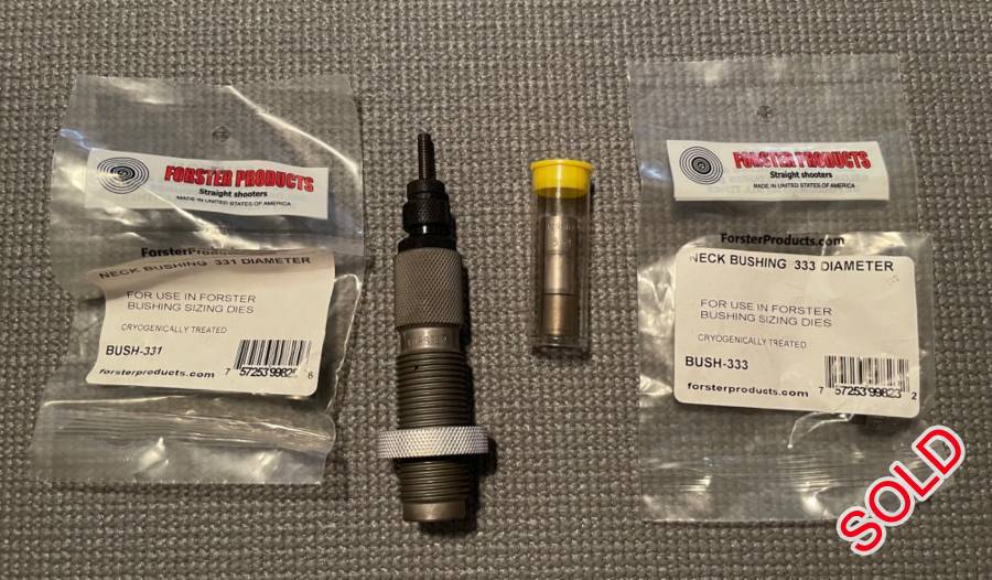 Forster Bushing Bump Neck Die 30.06, Forster Bushing Bump Neck Die with 5 neck bushings .330 .331 .333 .333 .334 .335

Dies are basically brand new, sold my .30-06, cleaning out reloading room.