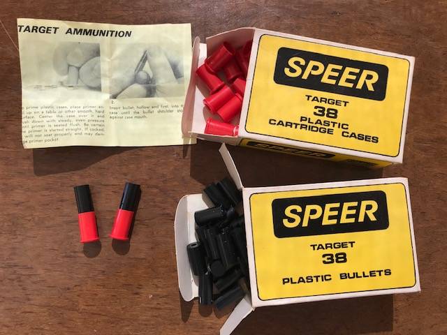 Speer Plastic reusable Bullets , 50 brand new plastic cartridges and plastic bullets (.38). Used for training purposes.
Uses Primers ONLY
Can be used multiple times as long as the bullet is safely caught in a soft net behind the paper target..
 