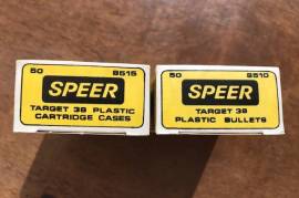 Speer Plastic reusable Bullets , 50 brand new plastic cartridges and plastic bullets (.38). Used for training purposes.
Uses Primers ONLY
Can be used multiple times as long as the bullet is safely caught in a soft net behind the paper target..
 