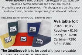 GunSleeves, As seen on Youtube, Facebook and Instagram, the GünSleeve© is hand crafted from rugged, breathable, un-bleached cotton materials and a PVC barrel end.
Protecting your pistol, revolver, rifle, shotgun and carbine long- and short term, between range time, your safe and the bush.
 
Incl R60 PUDO delivery!!! Nationwide (Locker to Door)
 