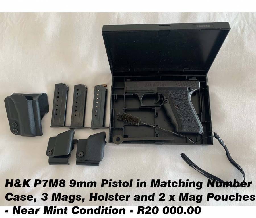 Hkp7m8, A rare find in mint condition HKp7m8 with original matching serial number box 3 x mags 2 x mag poches and holster. Awesome addition to any HK collection 