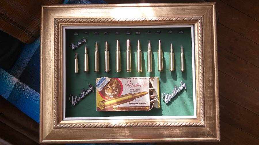 Weatherby cartridge collection., Weatherby, a name mentioned often around the campfire with respect and envy!  This collection has 11 Weatherby classic calibers mounted in it. All deactivated so no permit is required. Calibers include  224; 270;  300;  378;  416;  460;  338-378;  340;  30-378;  7mm;  240.  The 460 Weatherby  Mag was the most powerful shoulder fired cartridge in the world including the mighty 600 Nitro  until the advent of the 700 Nitro. The ammo box in this collectioon is going for R600 on EBAY alone (empty). These are original cartridges not fake dummy rounds. Set in a classic gold wooden vintage frame. You wont find another like it! The photos don't do it justice. For the collector who almost has everything in their mancave. Try find another one like it?? Trevor .
 