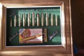 Weatherby cartridge collection, Weatherby, a name mentioned often around the campfire with respect and envy!  This collection has 11 Weatherby classic calibers mounted in it. All deactivated so no permit is required. Calibers include  224; 270;  300;  378;  416;  460;  338-378;  340;  30-378;  7mm;  240.  The 460 Weatherby  Mag was the most powerful shoulder fired cartridge in the world including the mighty 600 Nitro  until the advent of the 700 Nitro. The ammo box in this collectioon is going for R600 on EBAY alone (empty). These are original cartridges not fake dummy rounds. Set in a classic gold wooden vintage frame. You wont find another like it! The photos don't do it justice. For the collector who almost has everything in their mancave. Try find another one like it?? Trevor .
 