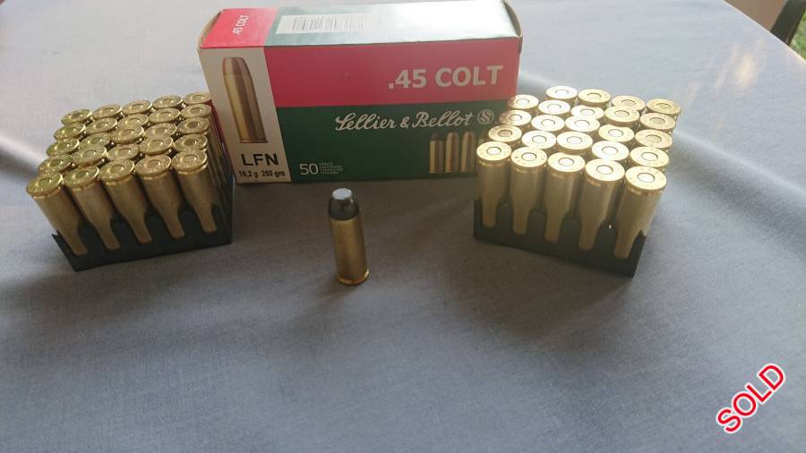 45 Long Colt  Ammo!, Brand New FACTORY ammo (S&B) in box of 50's. Great performance with a heavy, 250 gr. LFN bullet known for devastating results!
Four boxes available (price p/box). Selling only due to recent disposal of firearm. GREAT round imported from Europe.