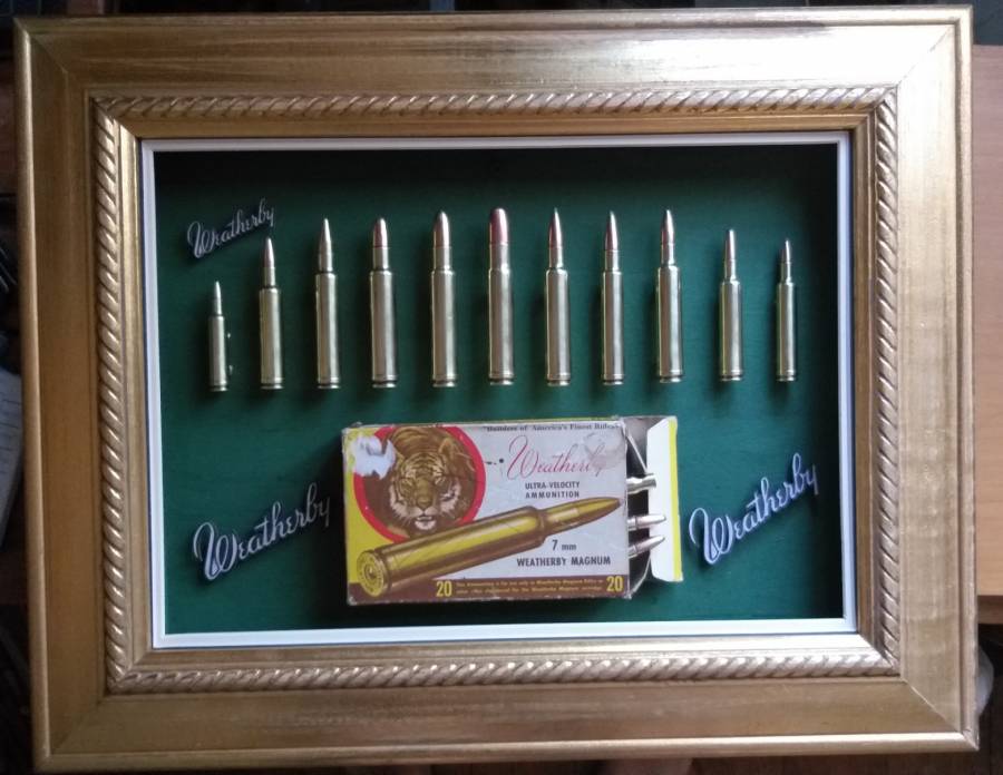 Weatherby cartridge collection, Weatherby, a name mentioned often around the campfire with respect and envy!  This collection has 11 Weatherby classic calibres mounted in it. All deactivated so no permit is required. Calibres include  224; 270;  300;  378;  416;  460;  338-378;  340;  30-378;  7mm;  240.  The 460 Weatherby  Mag was the most powerful shoulder fired cartridge in the world including the mighty 600 Nitro  until the advent of the 700 Nitro. The ammo box in this collectioon is going for R600 on EBAY alone (empty). These are original cartridges not fake dummy rounds. Set in a classic gold wooden vintage frame. You wont find another like it! The photos don't do it justice. For the collector who almost has everything in their mancave. Try find another one like it?? Trevor .