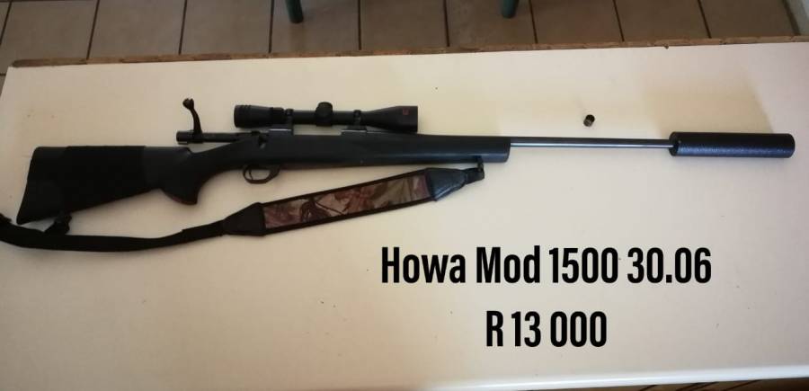 Howa Mod 1500 30.06 for sale, The rifle is fitted with a Redfield 3-9 x 40 enlargement and a custom made silencer made by Gerrie Coetsee fire arms. Barrel was re-bedded by Bloemfontein custom rifles. It has a synthetic butt. The rifle is 3 years old and has only fired 123 rounds. Rifle is basically brand new. I am selling due to emigration. Price is not negotiable. Only serious buyers please. Any additional cost like license application fees, gun dealer storage fees and courier fees will be for the new owners account. 