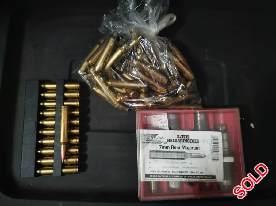 Reloading Equipment, Items for sale
30-06 PMP 1fired doppies- R5 each
30-06 Dies R450
7mm Federal 1fired doppies- R7 each
7mm Dies - R450
7mm 150gr swift scirroccos seeled box - R1200