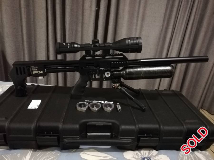 FX IMPACT 5.5MM SMOOTH TWIST BARREL, FX IMPACT SMOOTH TWIST 5.5MM less that a year old.
Ultra accurate rifle.
Included FX Rifle Case
Spare magazines - 3 in total.
ATLAS style Bipod.
Nikko Stirling Panamax 4-12 x 50 scope half mil dot.
Situated in Bloemfontein.
Reason for selling - rifle not in use.
Collection / shipping for buyers account.
Contact - Raymond - 082 497 2747
 
