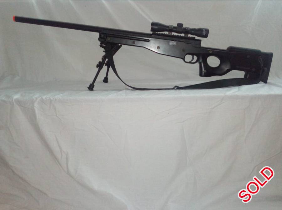 Airsoft Sniper rifle , Comes with upgraded adjustable bipod, a 4X32 Swiss arms scope, one magazine and a rifle sling.
450-500fps spring powered Mauser rifle. 
NO GAS NEEDED

​​Steel barrel and bolt and polymer plastic frame. 
Never had the time to use it. 

Would like to sell as soon as possible. 
Can negotiate price
Please whatsapp if interested, 0791773671
