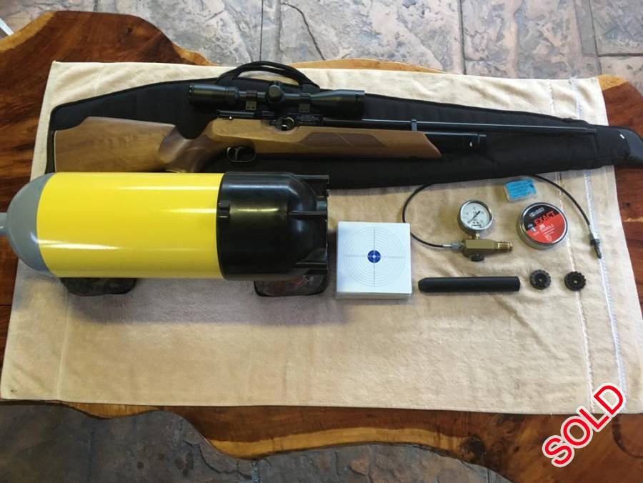 Weihrauch HW100 (5mm) PCP Air Rifle, Weihrauch HW100 (5mm) PCP Air Rifle in Excellent Condition.

300 bar 10 liter diving cylinder

Filling Adaptor

Carry Bag

Scope - Hawke 3-12X44SF

All Together No Split Ups

Levyno Tel: 083 288 7772
