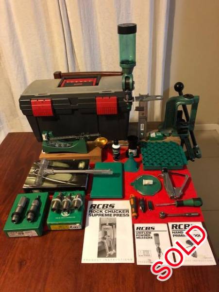 RCBS Reloading Kit + (Price reduced), Full RCBS reloading kit. Both powder feeder and press are currently mounted securely but for courier purposes will not be unless local to me. Dies include 3006 and 38spl. Extras include cartridge sizing tool and tool for cleaning primer seat. There is also a bullet head remover amongst excess loading materials for both the 3006 and 38spl you can call me for more details on. 