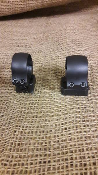 Recknagel Bases and Rings, A set of Recknagel bases and rings to fit Mauser K98 action. Excellent condition.  R1100 PUDO included. ONO
