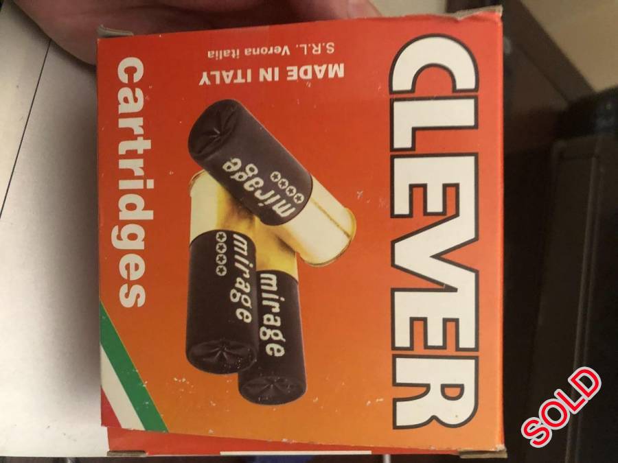 Shotgun Cartridges, I have 12 boxes of Mirage Clever Italian Shotgun cartridges.
Number 3.
R220 per Box or R200 if you take all 12.