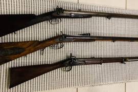 3 black powder guns , 1)Ander Shotgun is a Isaac Hollis and Sons was a gun maker and patentee from London, England in 1861. Throughout the years, Hollis manufactured sporting firearms for the South African market and cheap guns for trade. They also built rifles for the British government.

2) C Cape Rifle By John Hayton, Grahamstown SA
A Muzzle loading Double Barrelled Cape rifle, as used by game hunters in South Africa, mid 18th  Century. 
Original South African Double Barreled Cape Combination Gun by John Hayton of Graham's Town circa 1855
3) Tower  musket in very good clean condition ! 

All working and clean !
Black powder no license needed ! 

Contact me if intrested 0787224259