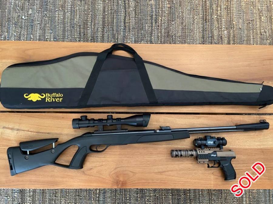 Gamo Whisper CFR Rifle & WALTHER NIGHT HAWK pi, COMBO SALE -
Gamo Whisper CFR underlever Rifle - R2500 inc. scope and carry bag.
Uramex Walther Nighthawk co2 pistol - R1500 inc. carrycase, co2 gas cylinders and pellets.

Both in very good condition, not used often. 
Can be sold separately but like to do the combo deal.