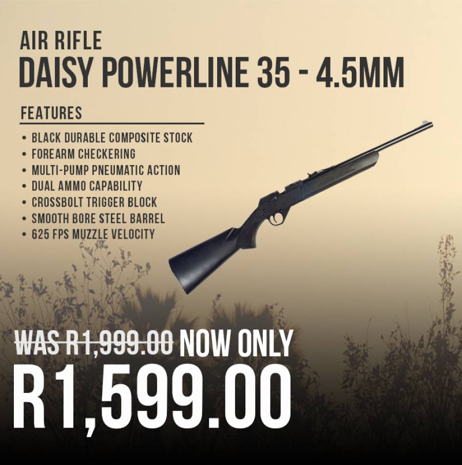 Futurama Air Rifle Sale, The latest introduction to Daisy’s PowerLine series of adult air rifles is the Model 35, featuring black durable composite stock and forearm checkering. The multi-pump pneumatic action and dual ammo capability make it a fantastic back-yard gun for hours of target practice and friendly competition. Daisy’s PowerLine Model 35 is appropriate for adults and those over 16 years of age under adult supervision.